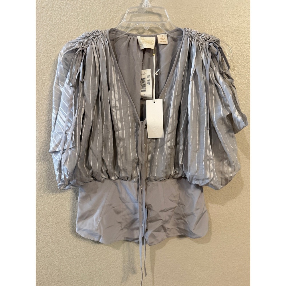 Falls Silk Blend Peplum Bubble Top Silver Striped Tie Front Blouse‎ WT2005D 8